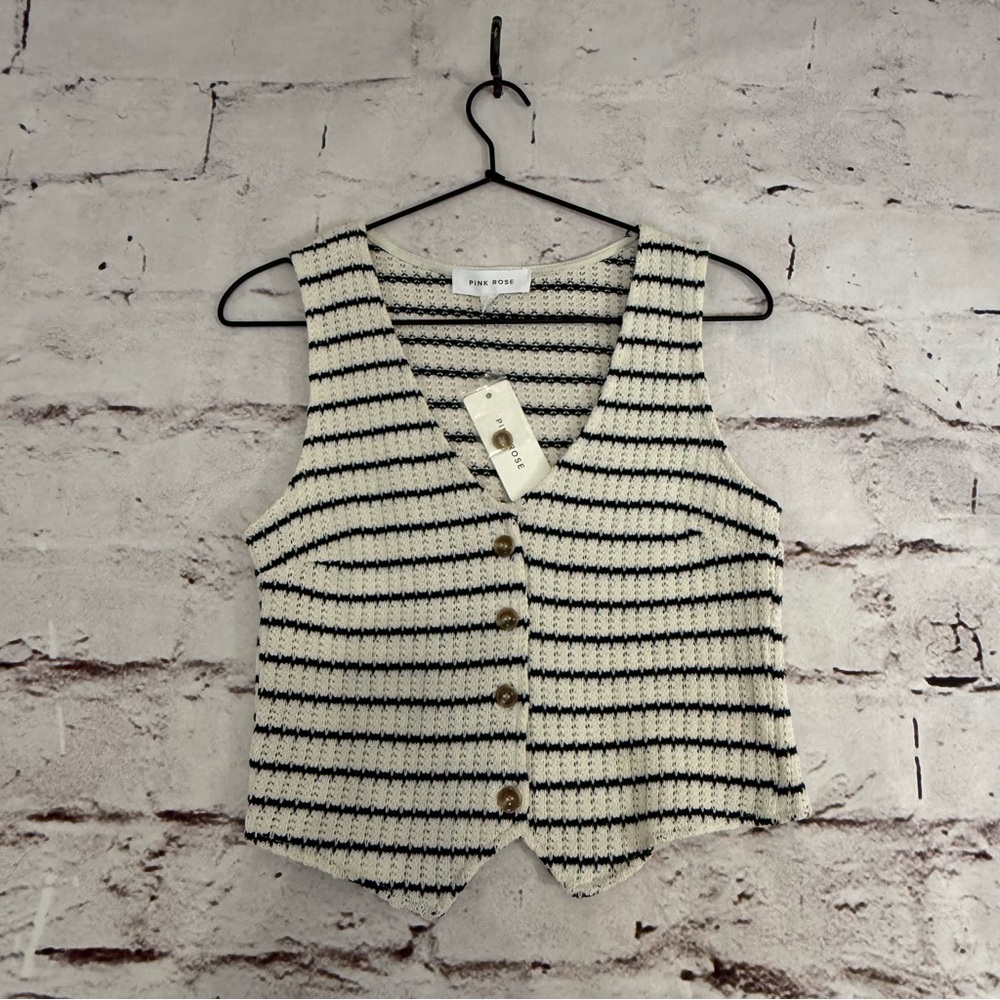 NWT Pink Rose Striped Button Front Vest - Size Medium